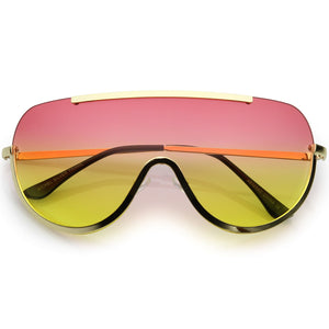Oversize Semi Rimless Shield Sunglasses With Metal Trim Gradient Colored Mono Lens 65mm (Gold / Blue Yellow) - Riri Marie Gold / Red Yellow Gold / Red Yellow  Glasses Riri Marie  Riri Marie 