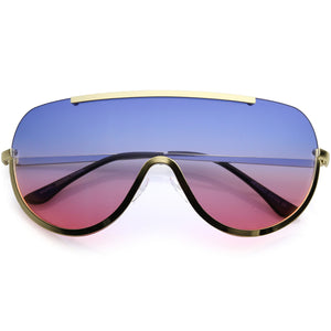 Oversize Semi Rimless Shield Sunglasses With Metal Trim Gradient Colored Mono Lens 65mm (Gold / Blue Yellow) - Riri Marie Gold / Blue Pink Gold / Blue Pink  Glasses Riri Marie  Riri Marie 