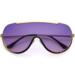 Oversize Semi Rimless Shield Sunglasses With Metal Trim Gradient Colored Mono Lens 65mm (Gold / Blue Yellow) - Riri Marie Gold / Purple Pink Gold / Purple Pink  Glasses Riri Marie  Riri Marie 