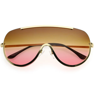 Oversize Semi Rimless Shield Sunglasses With Metal Trim Gradient Colored Mono Lens 65mm (Gold / Blue Yellow) - Riri Marie Gold / Brown Pink Gold / Brown Pink  Glasses Riri Marie  Riri Marie 